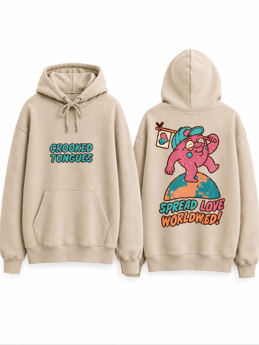 Crooked Tongues Spread Love Worldwide Graphic Print Pullover Hoodie Men's Sz M